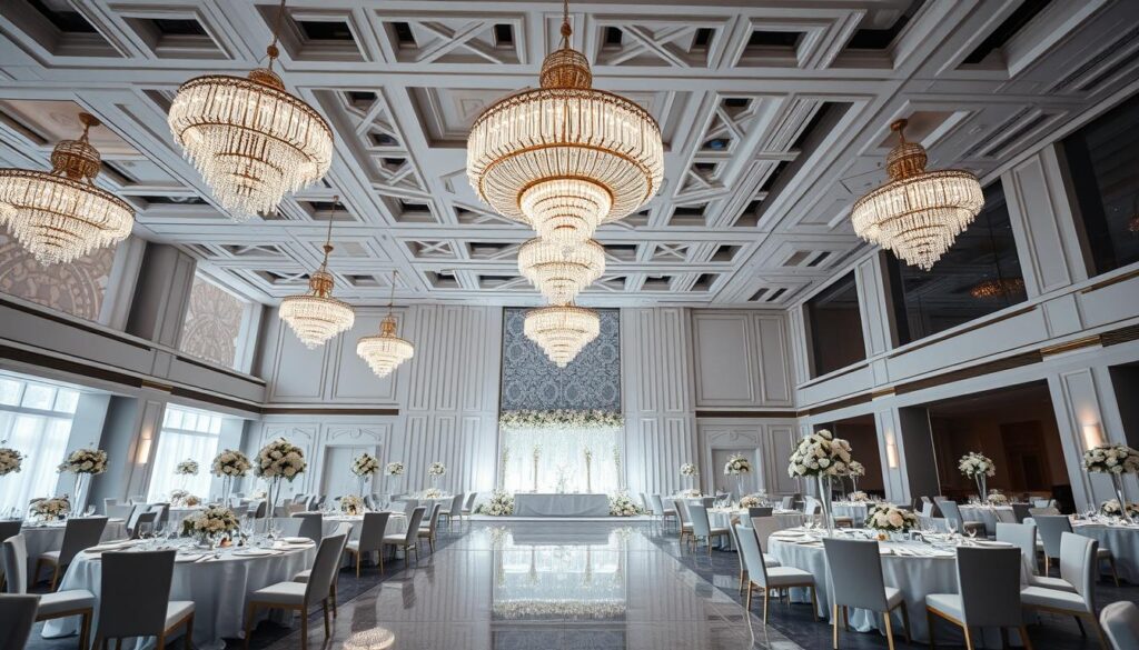 A modern and elegant wedding design featuring the Sutera Hall brand. A grand, luxurious reception hall with intricate architectural details in a sleek, minimalist aesthetic. Soft, warm lighting from cascading chandeliers casts a romantic glow, complementing the neutral color palette of whites, greys, and gold accents. Elegant floral arrangements and table settings create a refined, sophisticated ambiance. The Sutera Hall's spacious layout allows for an effortless flow, while its strategic location offers convenient accessibility. Satisfied client testimonials further highlight the venue's ability to deliver a truly memorable wedding experience. A modern and elegant wedding design featuring the Sutera Hall brand. A grand, luxurious reception hall with intricate architectural details in a sleek, minimalist aesthetic. Soft, warm lighting from cascading chandeliers casts a romantic glow, complementing the neutral color palette of whites, greys, and gold accents. Elegant floral arrangements and table settings create a refined, sophisticated ambiance. The Sutera Hall's spacious layout allows for an effortless flow, while its strategic location offers convenient accessibility. Satisfied client testimonials further highlight the venue's ability to deliver a truly memorable wedding experience.