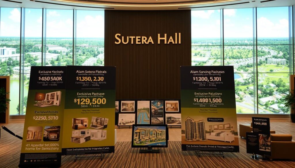 A modern and luxurious real estate exhibition hall, Sutera Hall, showcases an array of attractive property promotions. In the foreground, a striking display of exclusive limited-time cashback offers and appealing bank financing packages captivates potential investors. The middle ground features a meticulously curated selection of floor plans and architectural renderings, highlighting the exceptional quality and thoughtful design of the Alam Sutera development. The background depicts the vibrant, well-planned community, with lush greenery, serene water features, and a sense of spaciousness that embodies the ideal living experience. The overall scene exudes an atmosphere of opportunity, sophistication, and the promise of an exceptional investment in the heart of the Alam Sutera district.