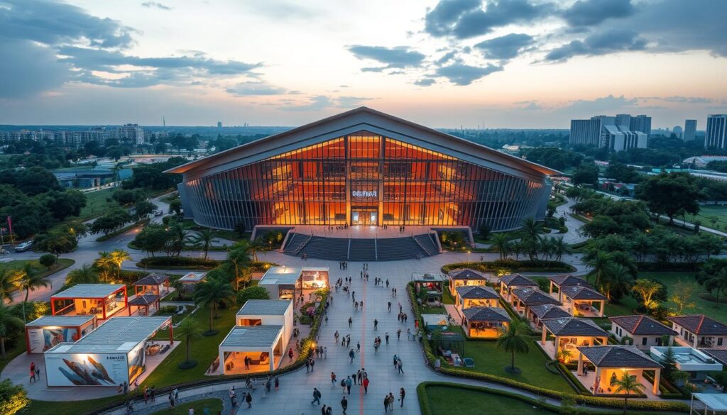 A modern, expansive exhibition hall with a grand, glass-fronted facade, surrounded by lush greenery and vibrant landscapes. The Sutera Hall stands as the centerpiece, its sleek architectural design and warm lighting creating a welcoming atmosphere. In the foreground, people stroll through the grounds, admiring the various property displays and engaging with the event's activities. The middle ground showcases a range of residential and commercial properties, each meticulously detailed and showcased against a backdrop of meticulously landscaped gardens. The distant background features a panoramic view of the Alam Sutera community, its towering buildings and verdant surroundings creating a sense of scale and integrated development.