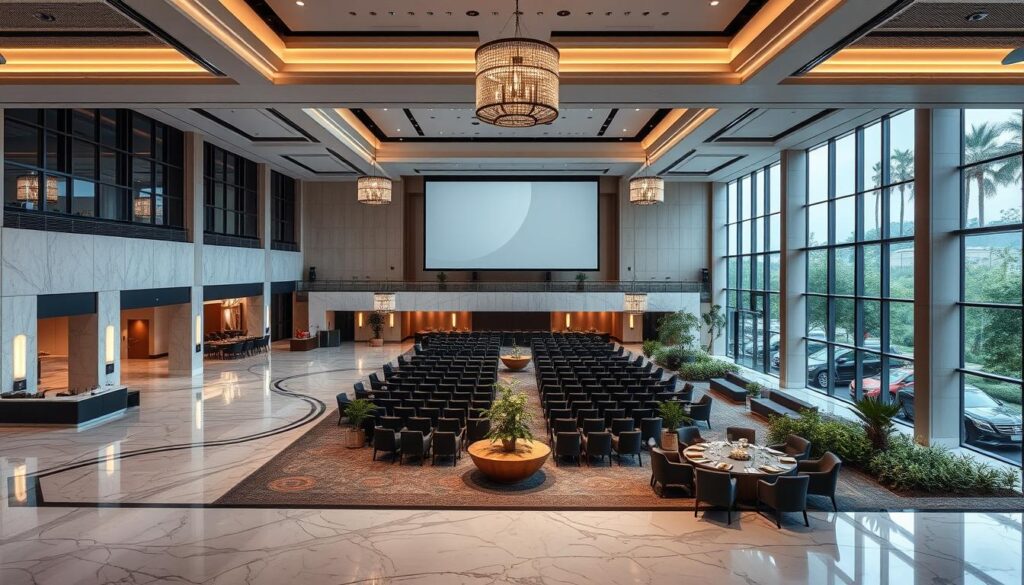 A modern, high-end event venue with sleek, sophisticated interiors. A grand lobby with marble floors, floor-to-ceiling windows, and modern light fixtures. Elegant function rooms with plush seating, state-of-the-art AV equipment, and large projection screens. Catering kitchens equipped with the latest culinary technology. Sprawling outdoor spaces with manicured gardens, water features, and ample parking. Warm, inviting ambiance with muted color palettes, natural materials, and discreet yet efficient service. Sutera Hall, a premier event destination designed for unforgettable experiences. A modern, high-end event venue with sleek, sophisticated interiors. A grand lobby with marble floors, floor-to-ceiling windows, and modern light fixtures. Elegant function rooms with plush seating, state-of-the-art AV equipment, and large projection screens. Catering kitchens equipped with the latest culinary technology. Sprawling outdoor spaces with manicured gardens, water features, and ample parking. Warm, inviting ambiance with muted color palettes, natural materials, and discreet yet efficient service. Sutera Hall, a premier event destination designed for unforgettable experiences.