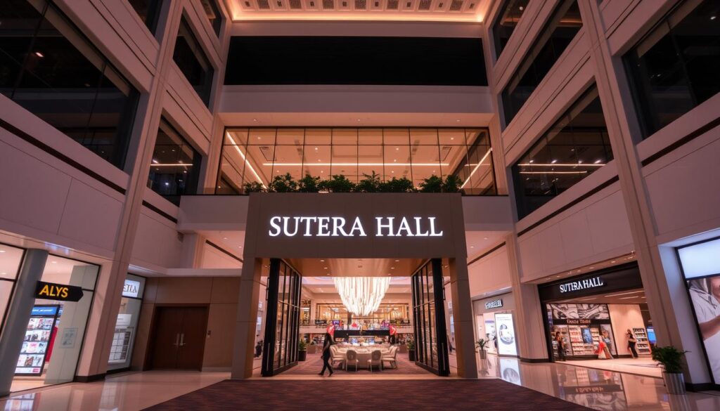 A modern, well-lit mall with a sleek and inviting atmosphere. The entrance to Sutera Hall, a premier event venue, is prominently featured, its facade adorned with elegant signage. The middle ground showcases the mall's vibrant and organized layout, with various shops and amenities visible. In the background, the building's architecture is highlighted, featuring clean lines, large windows, and a harmonious color palette. The overall scene conveys a sense of accessibility, convenience, and a premium shopping experience, ideal for hosting a high-profile reunion event at Sutera Hall. A modern, well-lit mall with a sleek and inviting atmosphere. The entrance to Sutera Hall, a premier event venue, is prominently featured, its facade adorned with elegant signage. The middle ground showcases the mall's vibrant and organized layout, with various shops and amenities visible. In the background, the building's architecture is highlighted, featuring clean lines, large windows, and a harmonious color palette. The overall scene conveys a sense of accessibility, convenience, and a premium shopping experience, ideal for hosting a high-profile reunion event at Sutera Hall.