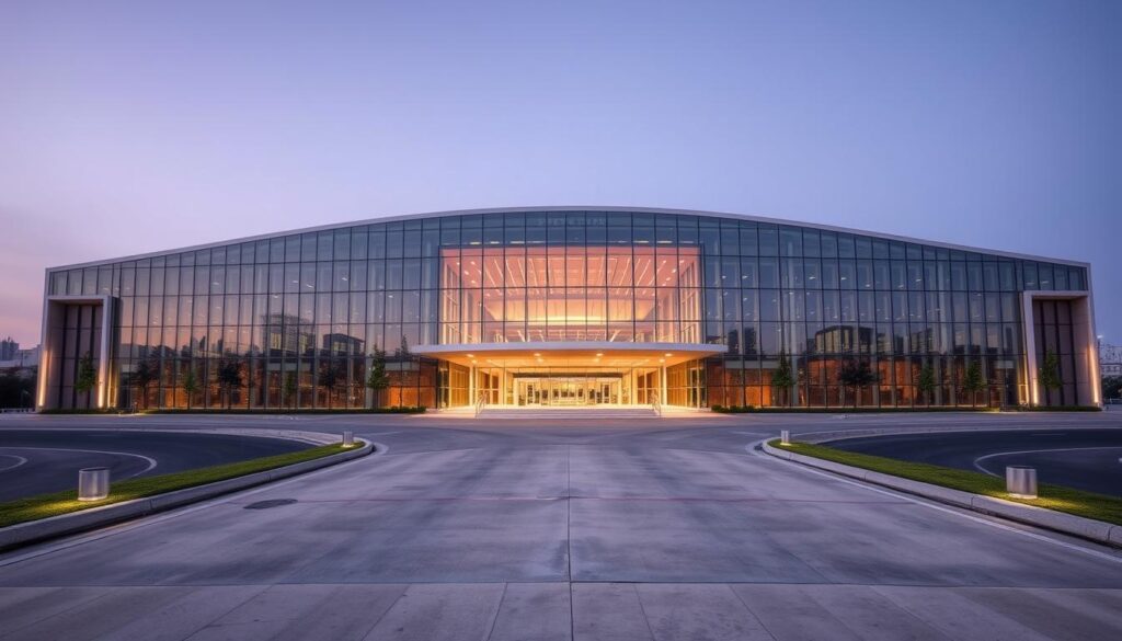 A modern, well-lit venue with easy access from the nearby highway. The Sutera Hall stands prominently, its sleek glass facade reflecting the surrounding landscape. A wide driveway leads to the main entrance, inviting visitors to effortlessly arrive. The lobby is bathed in natural light, creating a welcoming atmosphere. Strategically positioned off the highway, the Sutera Hall offers a convenient and accessible location for events, conferences, and gatherings, catering to the needs of a dynamic, on-the-go audience.