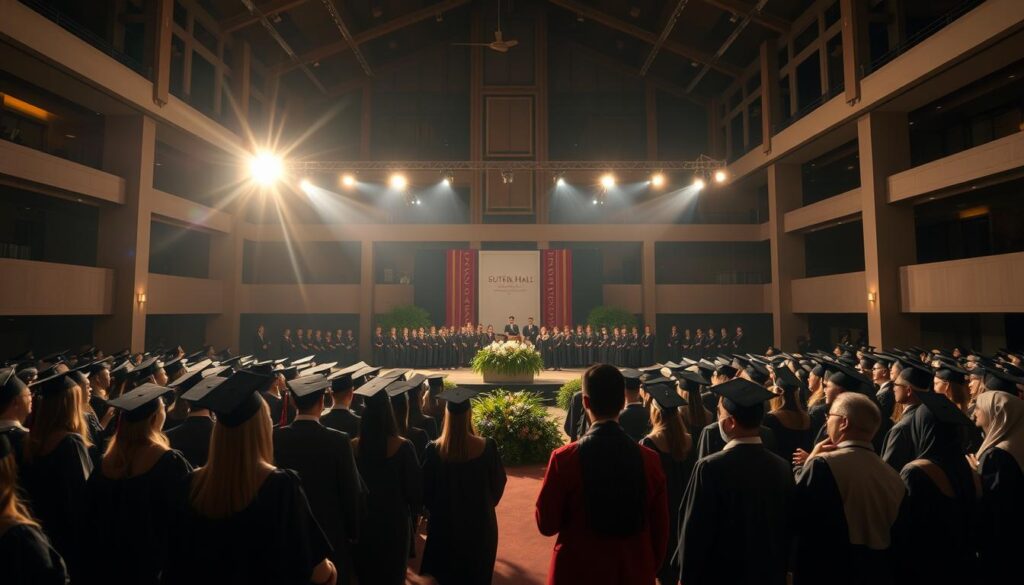 A serene graduation ceremony at Sutera Hall, the premier event venue nestled in the heart of Alam Sutera. Rows of graduates in flowing robes and mortarboards gather beneath the warm glow of spotlights, their faces alight with pride and accomplishment. In the foreground, a central stage adorned with lush greenery and a Sutera Hall backdrop sets the scene. The middle ground captures the audience of proud family and friends, their expressions mirroring the joy of the moment. The background unveils the sophisticated architectural elegance of Sutera Hall, its high ceilings and expansive windows framing the event in an atmosphere of prestige and grandeur. Soft, directional lighting casts dramatic shadows, heightening the sense of occasion and creating an air of reverence.