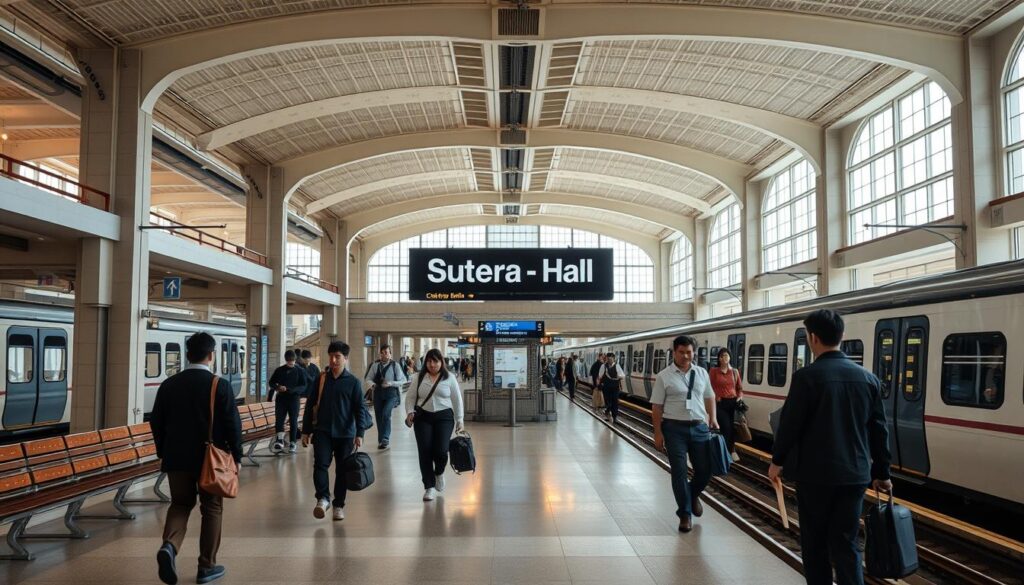 A spacious and well-lit commuter train station, with a prominent "Sutera Hall" sign displayed prominently. In the foreground, a group of passengers hurry along the platform, carrying briefcases and luggage. The middle ground features rows of benches and a central ticketing area, while the background showcases the station's architectural details, such as high ceilings, columns, and large windows that let in ample natural light. The overall scene conveys a sense of efficiency and accessibility, befitting a key transit hub for the nearby Sutera Hall.