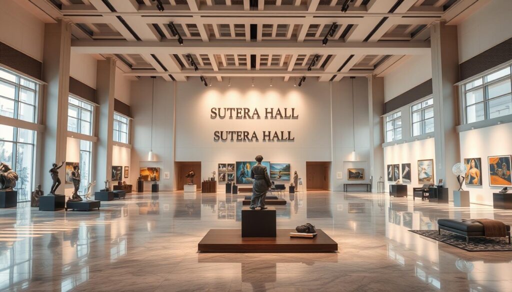 A spacious and well-lit exhibition hall with a grand entrance, showcasing a collection of contemporary art pieces. The main hall features high ceilings, large windows, and sleek, modern furniture, creating an airy and inviting atmosphere. Soft, directional lighting illuminates the artworks, casting warm shadows and highlights across the polished marble floors. In the background, the iconic Sutera Hall branding is prominently displayed, emphasizing the prestigious nature of the venue. The middle ground features a range of sculptures, paintings, and multimedia installations, each thoughtfully arranged to create a harmonious and engaging display. The foreground highlights the expansive capacity of the space, allowing visitors to comfortably navigate and appreciate the artwork.
