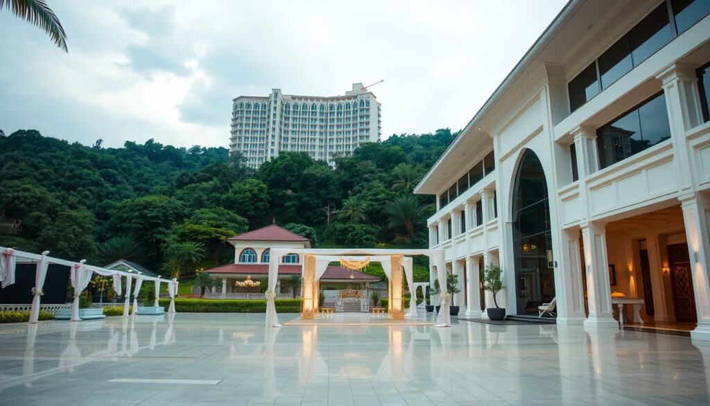 A spacious, elegant wedding venue stands in the foreground, its grand, modern architecture reflecting the Sutera Hall brand. In the middle ground, a nearby hotel or residential building provides a contextual contrast, while the background is filled with a lush, verdant landscape, creating a serene, natural backdrop. Soft, warm lighting illuminates the scene, casting a welcoming, inviting atmosphere. The overall composition highlights the strategic location and visual appeal of Sutera Hall, emphasizing its advantages over other local wedding venues.