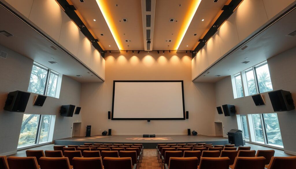 A spacious, modern audio-visual facility within the Sutera Hall, featuring state-of-the-art presentation technology. The cavernous interior boasts high ceilings, with sleek, minimalist design elements and abundant natural light streaming through large windows. Strategically placed spotlights illuminate the space, casting a warm, inviting glow. In the center, a large projection screen dominates the room, flanked by high-end audio speakers. Comfortable seating arrangements are positioned to provide an optimal viewing experience for visitors exploring the Alam Sutera art exhibition. The overall atmosphere exudes a sense of innovation and technological sophistication, seamlessly blending with the gallery's modern aesthetic. Prompt