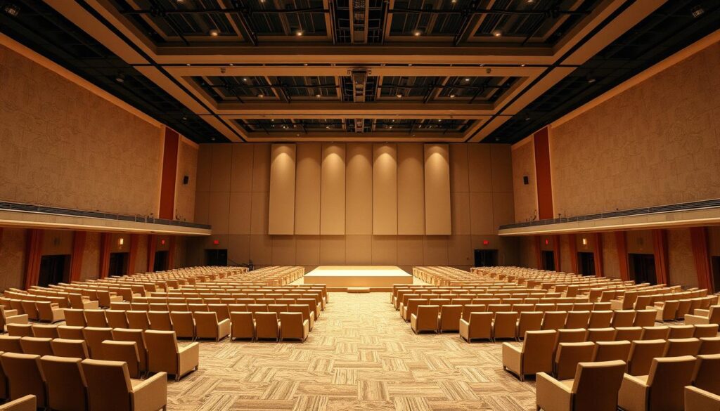 A spacious, modern interior of the Sutera Hall event venue, featuring a vast, open-plan layout with high ceilings and an abundance of natural light. The room is elegantly decorated, with plush, upholstered seating arrangements strategically placed to accommodate up to 800 guests. The warm, inviting atmosphere is enhanced by soft, indirect lighting, creating an atmosphere of sophistication and comfort. In the center, a central stage or dance floor offers a flexible, multipurpose space, while the overall design showcases the venue's adaptability and ability to host a wide range of events, from conferences to weddings.