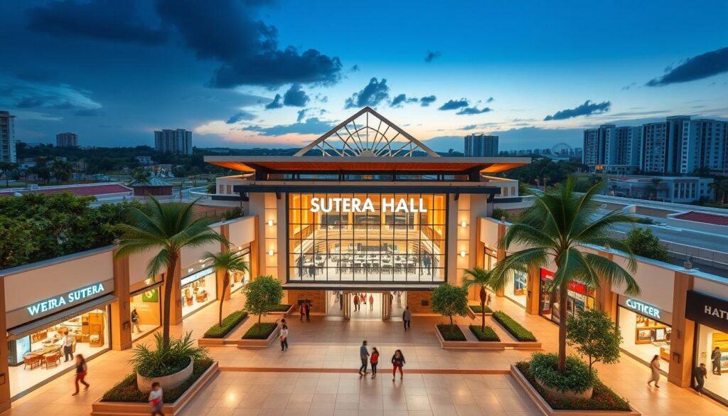 A spacious, modern shopping mall in the heart of Alam Sutera, with Sutera Hall prominently displayed. The front entrance is flanked by lush greenery and elegant architecture, inviting visitors to explore its wide array of shops, restaurants, and entertainment options. The scene is bathed in warm, natural lighting, creating a welcoming and vibrant atmosphere. The mall's interior features high ceilings, sleek design, and ample walkways, making it easy to navigate. In the background, the surrounding residential and commercial buildings of Alam Sutera can be seen, highlighting the mall's integration with the broader community. The overall impression is one of a modern, accessible, and well-integrated shopping destination.