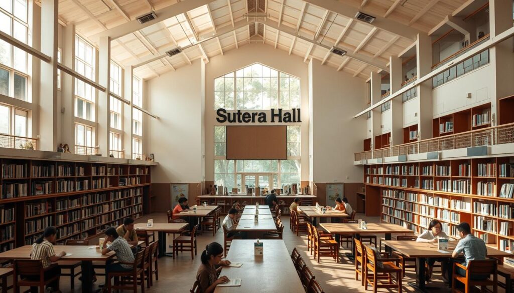 A spacious, well-lit community library, the "Perpustakaan Kolaborasi Komunitas" serves as a vibrant hub for the Tangerang community. Sunlight streams through large windows, illuminating cozy reading nooks and long, communal tables where local residents gather to collaborate, learn, and exchange ideas. Bookshelves line the walls, offering a diverse collection of literature. In the center, a striking Sutera Hall sign announces the building's focal point - a versatile event space that hosts dynamic community programs. The atmosphere is warm, inviting, and conducive to creative exchange, reflecting the collaborative spirit of the Tangerang community. A spacious, well-lit community library, the "Perpustakaan Kolaborasi Komunitas" serves as a vibrant hub for the Tangerang community. Sunlight streams through large windows, illuminating cozy reading nooks and long, communal tables where local residents gather to collaborate, learn, and exchange ideas. Bookshelves line the walls, offering a diverse collection of literature. In the center, a striking Sutera Hall sign announces the building's focal point - a versatile event space that hosts dynamic community programs. The atmosphere is warm, inviting, and conducive to creative exchange, reflecting the collaborative spirit of the Tangerang community.