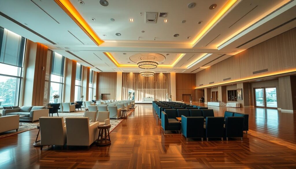 A spacious, well-lit event venue with a contemporary, elegant interior. The Sutera Hall's expansive open floor plan features sleek, modern furnishings and warm, ambient lighting that create a sophisticated and inviting atmosphere. Large windows allow natural light to pour in, illuminating the clean, minimalist design. The venue's flexible layout can accommodate a variety of event setups, from corporate conferences to private celebrations. The polished, hardwood floors and neutral color palette provide a versatile canvas for customization. Capture the adaptable, high-end ambiance of Sutera Hall, a premier event space in Tangerang.