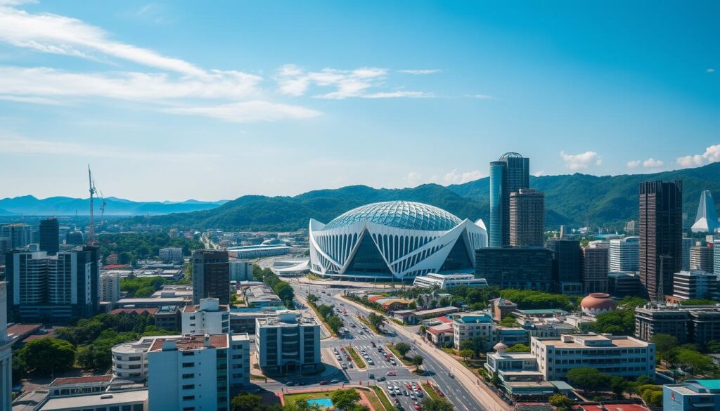 A sprawling cityscape of Kota Tangerang, capturing the bustling activity and growing need for large-capacity venues. In the foreground, modern high-rise buildings and bustling streets teeming with life. The middle ground showcases the iconic Sutera Hall, a state-of-the-art event space with a grand facade and towering presence. In the background, lush green hills and a clear blue sky create a serene contrast to the urban landscape. The scene conveys a sense of progress and opportunity, highlighting Tangerang's evolution as a vibrant metropolitan center. Realistic lighting and a wide-angle lens capture the scale and grandeur of this dynamic city.