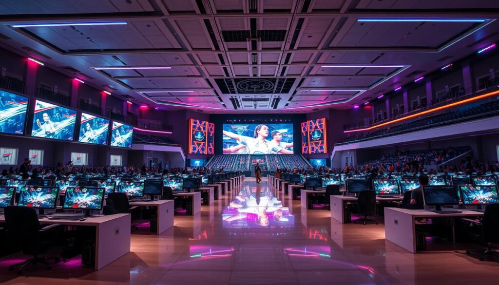 A sprawling, modern e-sports arena with a sleek, futuristic design. The Sutera Hall's vast, well-lit interior features rows of high-performance gaming stations, their vibrant displays casting a soft glow across the sleek, minimalist furnishings. In the background, a massive video wall showcases the latest e-sports tournament, drawing the eyes of the engaged audience. Colorful, neon-lit accents and dynamic lighting create an atmosphere of excitement and anticipation, reflecting the energy and momentum of the Indonesian e-sports landscape. The scene conveys a sense of cutting-edge technology, professional-grade equipment, and a dedicated, passionate gaming community.