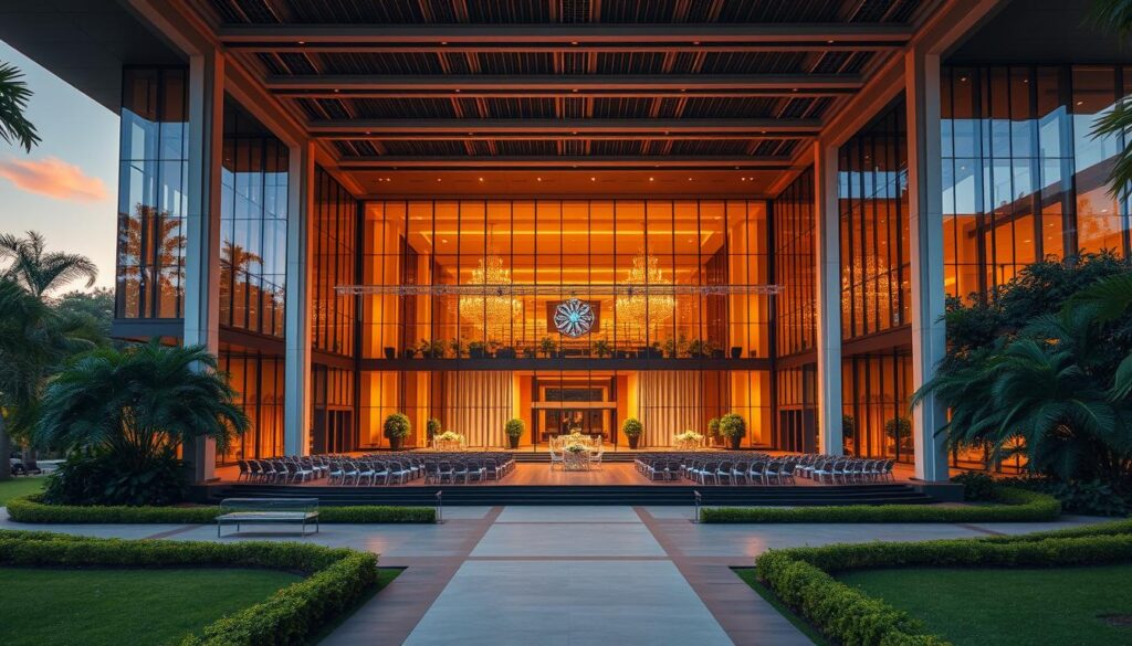 A stately and majestic Sutera Hall rises amidst the verdant landscape of Alam Sutera, its elegant architecture bathed in warm, golden light. Tall glass facades reflect the surrounding greenery, creating a seamless connection between the interior and the lush outdoor environment. The expansive, well-appointed event space exudes an air of sophistication and grandeur, perfectly suited for hosting large-scale gatherings. Sleek, modern lines and high ceilings give the hall an airy, spacious ambiance, while carefully curated lighting and design elements convey a sense of refined elegance. This premier event venue, the crown jewel of Alam Sutera, stands ready to accommodate your most prestigious functions.
