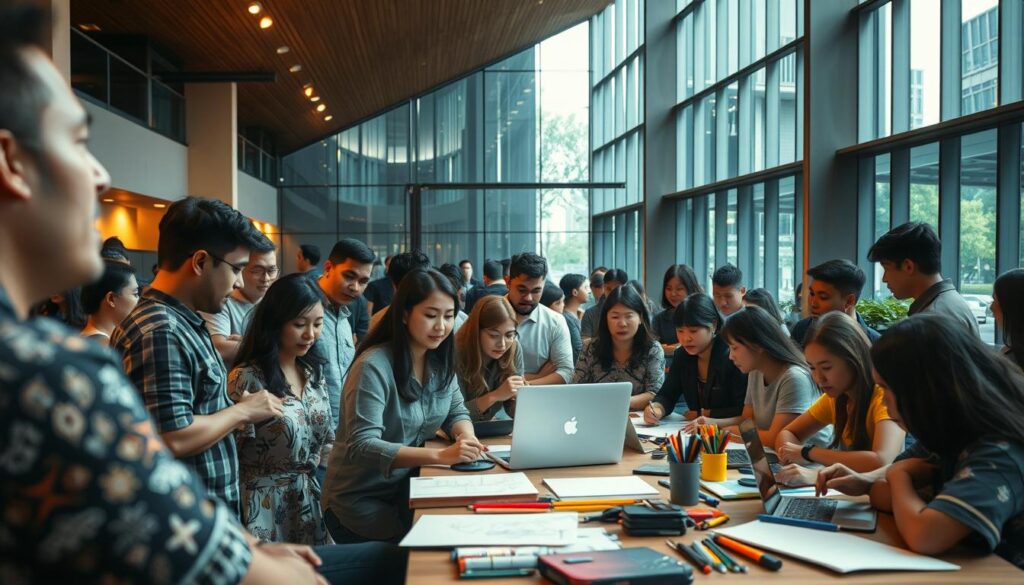 A vibrant community gathering in the heart of Tangerang, highlighted by the sleek and modern Sutera Hall. In the foreground, a diverse group of people collaborating on creative projects, their faces lit by warm, natural lighting. The middle ground showcases a dynamic workspace, with laptops, sketchpads, and an array of art supplies, reflecting the collaborative spirit. In the background, the Sutera Hall's contemporary architecture and large windows create a sense of openness and connection to the surrounding environment. The overall atmosphere conveys a harmonious balance of productivity, innovation, and camaraderie, inviting viewers to envision the possibilities of community-driven collaboration. A vibrant community gathering in the heart of Tangerang, highlighted by the sleek and modern Sutera Hall. In the foreground, a diverse group of people collaborating on creative projects, their faces lit by warm, natural lighting. The middle ground showcases a dynamic workspace, with laptops, sketchpads, and an array of art supplies, reflecting the collaborative spirit. In the background, the Sutera Hall's contemporary architecture and large windows create a sense of openness and connection to the surrounding environment. The overall atmosphere conveys a harmonious balance of productivity, innovation, and camaraderie, inviting viewers to envision the possibilities of community-driven collaboration.