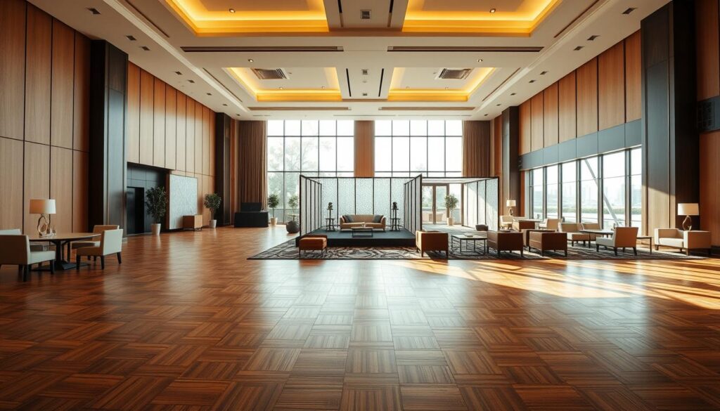 A well-lit and modern event space at the Sutera Hall, showcasing a range of flexible room packages. The foreground features an elegant parquet flooring and sleek furniture arrangements, creating a welcoming atmosphere. The middle ground highlights the versatile layout, with movable partitions and adaptable seating options. In the background, large windows flood the room with natural light, accentuating the sophisticated ambiance. The overall composition conveys a sense of sophistication, flexibility, and attention to detail, perfectly suited for the "Paket, Pilihan Ruangan, dan Estimasi Biaya" section of the article.