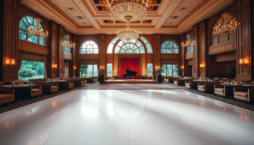 An elegant, spacious event venue, the Sutera Hall boasts a stunning interior with high ceilings, crystal chandeliers, and ornate architectural details. Warm lighting bathes the room, creating a cozy and luxurious ambiance. In the foreground, a large, polished dance floor invites guests to gracefully glide across it. Lining the periphery, plush seating areas with rich, velvety upholstery provide comfortable socializing. The middle ground showcases grand, arched windows that flood the hall with natural light, offering picturesque views of the beautifully landscaped gardens outside. In the background, an elegant stage with a grand piano takes center stage, ready to host any special event. This versatile and elegant Sutera Hall is the premier choice for large-scale weddings and celebrations.