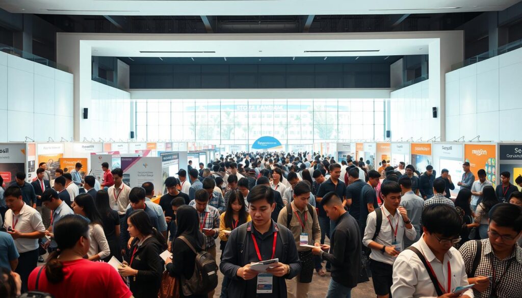An expansive job fair in the heart of Kota Tangerang, set against the sleek and modern backdrop of Sutera Hall. Bright, airy interiors illuminated by natural light, bustling with eager job-seekers and recruiters. Rows of booths showcasing a diverse array of employment opportunities, from tech startups to multinational corporations. In the foreground, a vibrant mix of professionals, students, and industry experts engaged in animated discussions, résumés in hand. The atmosphere is one of optimism and opportunity, as the latest trends in the local job market take center stage. A wide-angle lens captures the energy and dynamism of this essential Tangerang event.
