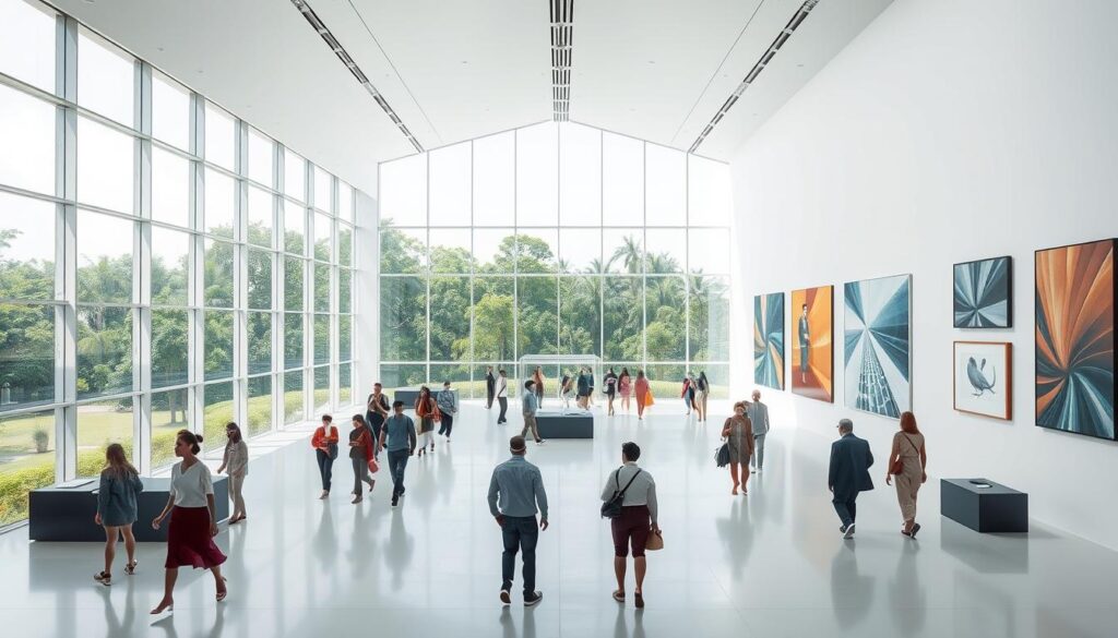 An expansive, modern art gallery situated within the lush, verdant landscapes of Alam Sutera. Bright, natural light streams through floor-to-ceiling windows, illuminating the pristine white walls adorned with captivating contemporary artworks. The sleek, minimalist design of Sutera Hall's interior creates an airy, tranquil atmosphere, perfectly complementing the serene outdoor environment visible through the glass façade. Visitors stroll through the spacious, inviting exhibition halls, immersed in the cutting-edge creativity on display. This harmonious fusion of nature and refined, urban aesthetics epitomizes the artistic vibrancy of the Alam Sutera community.