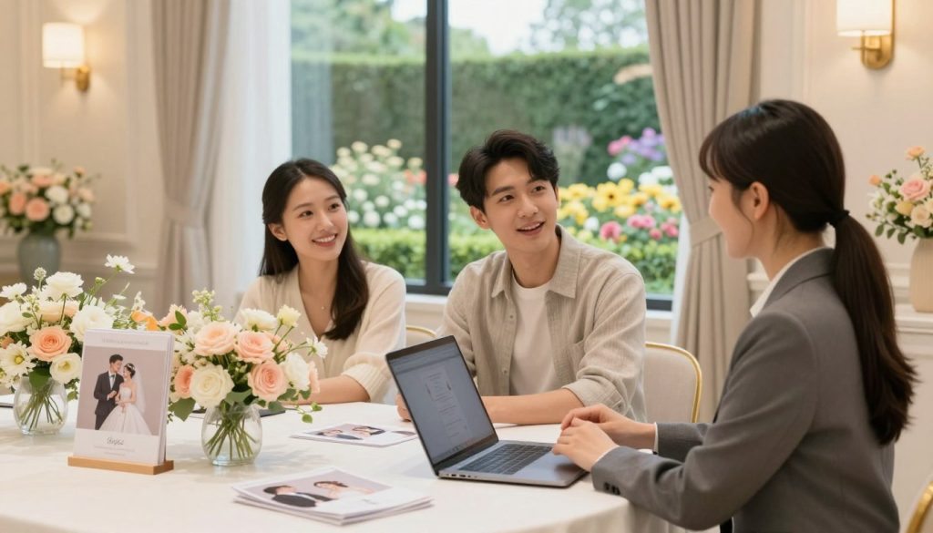 A beautifully arranged consultation space at Sutera Hall, showcasing an elegant table set with fresh flowers, wedding brochures, and a laptop. In the foreground, a professional consultant wearing a smart business attire is engaging with a couple, who are dressed in modest and stylish clothing. The couple appears attentive and excited, reflecting the joyous atmosphere of wedding planning. Soft, warm lighting fills the room, enhancing the inviting feel. In the middle ground, a large window reveals a lush garden view, filled with blooming flowers, symbolizing new beginnings. The background is tastefully decorated with soft pastel colors, creating a serene setting conducive to discussions about wedding plans. The overall mood is cheerful and optimistic, capturing the essence of wedding consultation. A beautifully arranged consultation space at Sutera Hall, showcasing an elegant table set with fresh flowers, wedding brochures, and a laptop. In the foreground, a professional consultant wearing a smart business attire is engaging with a couple, who are dressed in modest and stylish clothing. The couple appears attentive and excited, reflecting the joyous atmosphere of wedding planning. Soft, warm lighting fills the room, enhancing the inviting feel. In the middle ground, a large window reveals a lush garden view, filled with blooming flowers, symbolizing new beginnings. The background is tastefully decorated with soft pastel colors, creating a serene setting conducive to discussions about wedding plans. The overall mood is cheerful and optimistic, capturing the essence of wedding consultation.