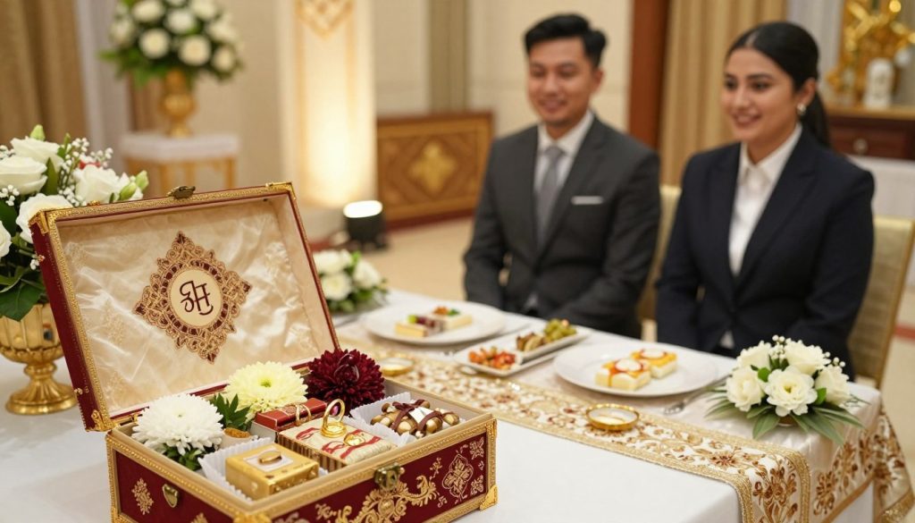 A beautifully arranged engagement ceremony scene, focusing on traditional elements of the "lamaran" process. In the foreground, a beautifully crafted decorative box filled with symbolic items such as rings, flowers, and traditional sweets. The middle features a table adorned with elegant fabrics and floral arrangements, alongside a polite, smiling couple dressed in professional business attire, reflecting joy and anticipation. In the background, soft lighting illuminates an ornate setting with a warm color palette, creating an intimate atmosphere. Incorporate traditional motifs and cultural symbols relevant to the engagement ceremony, enhancing the visual storytelling. Capture this scene from a slightly elevated angle, portraying depth and inviting viewers into the celebration of love and commitment.