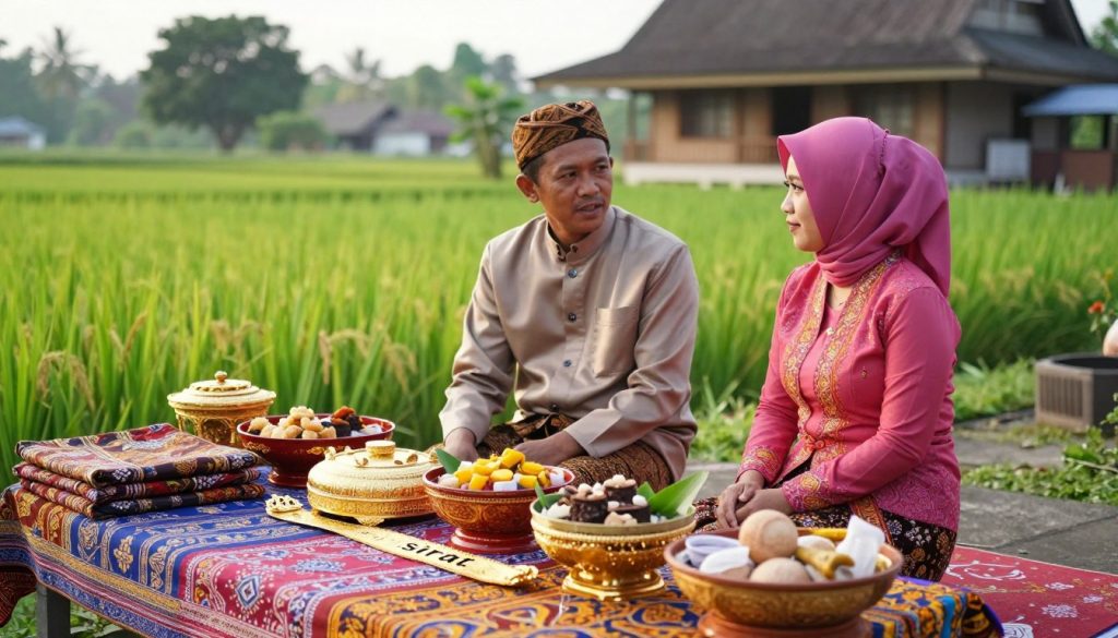 A beautifully arranged setting showcasing traditional Minangkabau wedding preparations, symbolizing the "syarat pernikahan adat Padang." In the foreground, a table is adorned with rich fabrics in vibrant colors, traditional Minangkabau ornaments, and ceremonial items like a golden "sirat" mat and intricate "buko" containers filled with local delicacies. The middle ground features a couple in modest traditional attire, with the man wearing a "samping" and the woman in a brightly colored "kebaya," engaged in a meaningful discussion. In the background, lush green rice fields and the silhouette of a Minangkabau house add cultural context. Soft, warm lighting creates an inviting and celebratory atmosphere, with a slightly angled view to capture the depth of the scene.