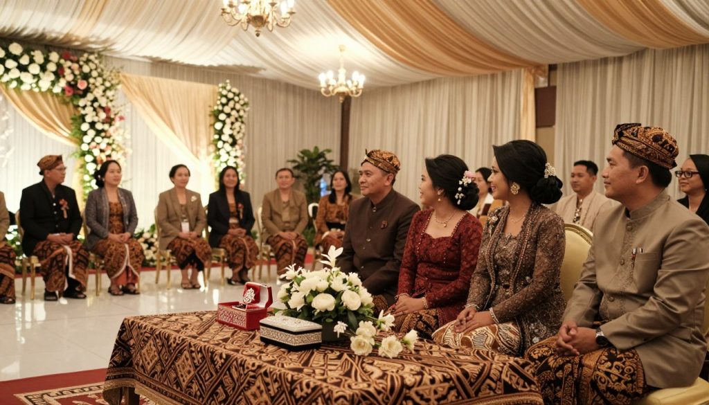 A beautifully arranged traditional Javanese wedding proposal setting in a spacious hall adorned with elegant silk drapes and floral decorations. In the foreground, showcase a table elegantly set with intricate batik tablecloth, traditional Javanese wedding items such as a beautifully embellished ring box, and delicate flowers symbolizing love. In the middle, capture a diverse group of well-dressed individuals in formal attire, representing the bride and groom’s families engaging in warm conversation, exuding a sense of anticipation and joy. The background features soft ambient lighting with chandeliers illuminating the space, creating an intimate and celebratory atmosphere. The image should be captured from a slight angle to emphasize the depth of the hall, focusing on the intricate designs and colors that represent cultural significance.