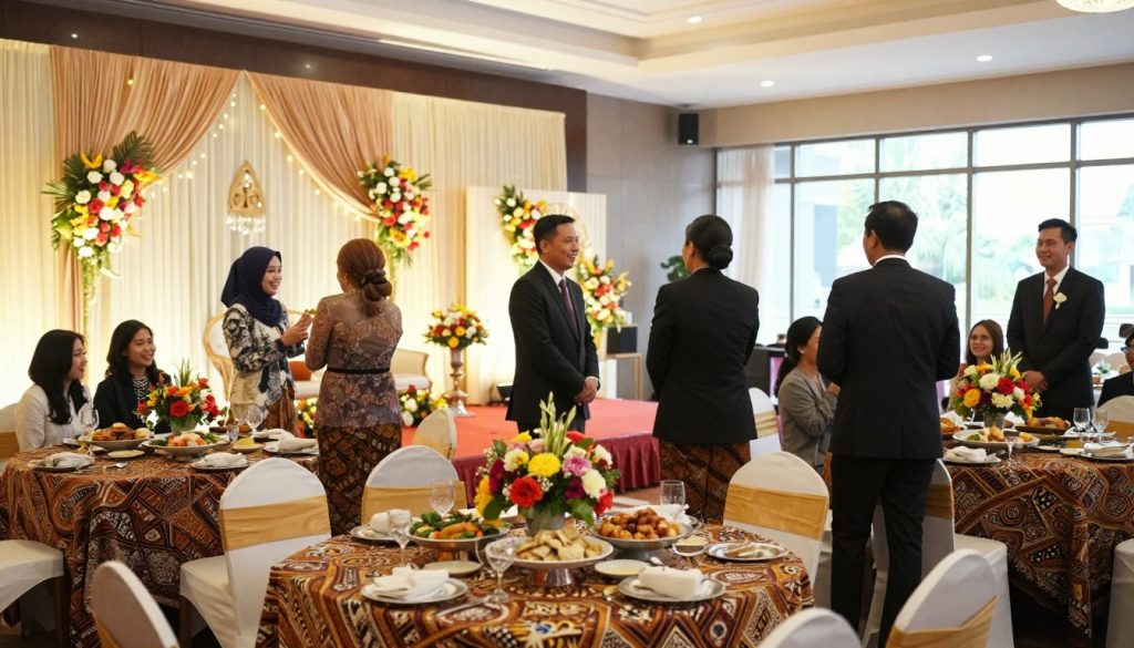 A beautifully arranged traditional engagement ceremony scene set in Sutera Hall. In the foreground, elegant tables are adorned with intricate batik tablecloths, vibrant floral centerpieces, and traditional serving dishes filled with local delicacies. Guests in professional business attire mingle, smiling and chatting in a festive atmosphere. In the middle ground, a decorated stage features a beautifully crafted backdrop draped in silk, with soft fairy lights and hanging flowers illuminating the space. In the background, large windows allow warm, natural light to pour in, creating a soft glow throughout the hall. The overall mood is joyful and celebratory, reflecting the significance of this cultural event. The composition should convey a moment of anticipation and excitement, encapsulating the spirit of the engagement celebration.