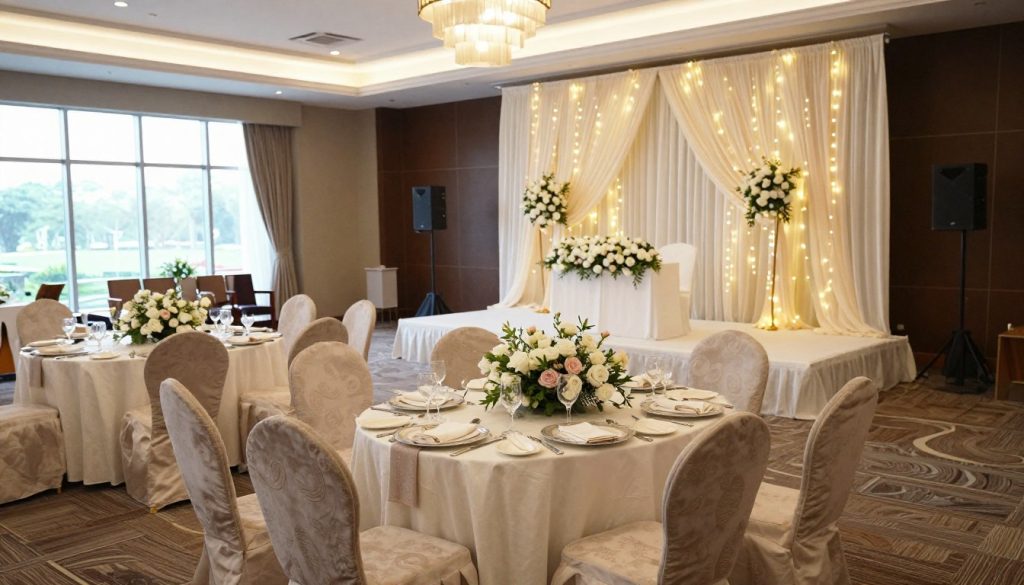 A beautifully arranged venue inside Sutera Hall, showcasing an elegant and sophisticated atmosphere suitable for a traditional engagement ceremony. In the foreground, a lavishly decorated table is set with floral arrangements featuring white and pastel blooms, surrounded by plush, elegantly draped chairs. The middle ground features a stage adorned with soft, twinkling fairy lights and opulent drapery, enhancing the romantic ambiance. In the background, large windows allow natural light to flood the space, subtly illuminating the interior with a warm glow. The entire scene is captured from a slightly elevated angle, providing a broad view that conveys a sense of intimacy and celebration. The mood is serene and joyful, perfect for a memorable occasion.