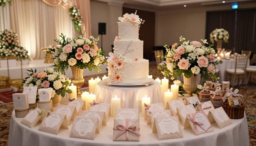 A beautifully arranged wedding package display at Sutera Hall in Tangerang. In the foreground, a lavishly decorated table features elegant wedding favors, intricate invitation cards, and sophisticated floral arrangements in soft pastels. The middle ground showcases a stunning wedding cake, adorned with delicate sugar flowers, surrounded by twinkling candles giving off a warm glow. In the background, the elegant hall is visible, draped in luxurious fabrics with soft lighting that enhances its romantic atmosphere. The scene is captured from a slightly elevated angle, allowing for a comprehensive view of the setup, contributing to a serene and inviting mood. Ambient light creates a soft, dreamy atmosphere, perfect for a wedding celebration.