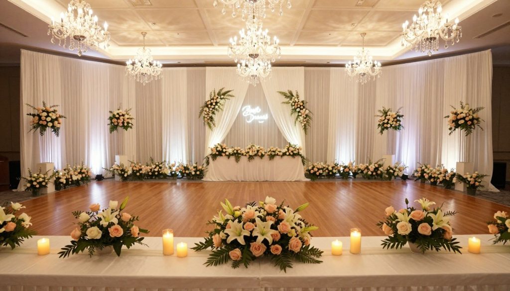 A beautifully arranged wedding package display in a luxurious ballroom setting in Tangerang. In the foreground, a table elegantly draped with a soft white tablecloth, adorned with floral centerpieces featuring roses and lilies, and delicate candles casting a warm glow. In the middle, a polished hardwood dance floor is visible, complemented by elegant floral decorations and lavish draping along the walls. In the background, chandeliers hang from the ceiling, sparkling with lights, creating a romantic atmosphere. Soft, diffused lighting creates an enchanting glow throughout the space, evoking a sense of elegance and celebration, ideal for a wedding. The image captures a serene, sophisticated mood, inviting viewers to envision their special day in this stunning venue.