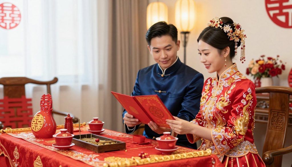 A beautifully arranged wedding planning scene focused on traditional Chinese wedding customs. In the foreground, a table is elegantly set with intricate red and gold decorations, showcasing symbolic items like tea sets and incense. The middle ground features a couple dressed in traditional Chinese wedding attire, the groom in a dark blue silk suit and the bride in a vibrant red qipao adorned with gold embroidery, both smiling while reviewing a wedding planner book. The background reveals a softly lit room with hanging lanterns and floral arrangements, creating a warm and festive atmosphere. The lighting is bright but soft, reminiscent of a joyful celebration, and the angle captures both the couple and the elaborate decor seamlessly, evoking a sense of harmony and cultural richness.
