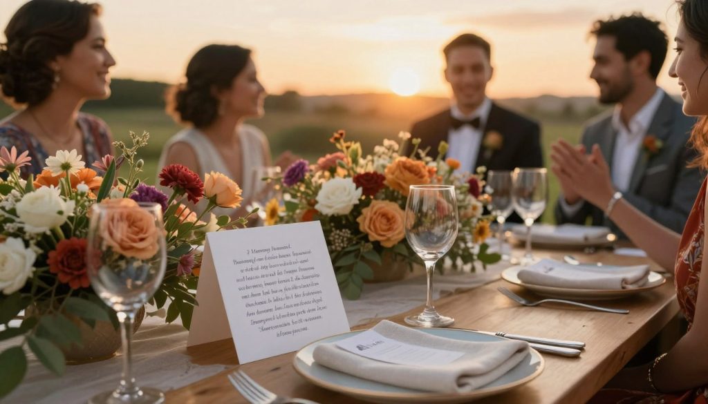 A beautifully arranged wedding reception table set outdoors, adorned with lush floral centerpieces reflecting diverse cultural motifs. In the foreground, a handwritten card featuring a heartfelt wedding wish in various foreign languages, elegantly displayed on a fine linen napkin. The midground showcases guests dressed in professional business attire, celebrating joyfully with soft smiles and gentle laughter, immersed in the ambiance of love and unity. The background features a picturesque sunset, casting a warm, golden glow and creating a romantic atmosphere. The scene is captured with a shallow depth of field, emphasizing the details of the card and floral arrangements while keeping the guests softly blurred. The overall mood is one of warmth, celebration, and the beauty of cultural diversity in love. A beautifully arranged wedding reception table set outdoors, adorned with lush floral centerpieces reflecting diverse cultural motifs. In the foreground, a handwritten card featuring a heartfelt wedding wish in various foreign languages, elegantly displayed on a fine linen napkin. The midground showcases guests dressed in professional business attire, celebrating joyfully with soft smiles and gentle laughter, immersed in the ambiance of love and unity. The background features a picturesque sunset, casting a warm, golden glow and creating a romantic atmosphere. The scene is captured with a shallow depth of field, emphasizing the details of the card and floral arrangements while keeping the guests softly blurred. The overall mood is one of warmth, celebration, and the beauty of cultural diversity in love.