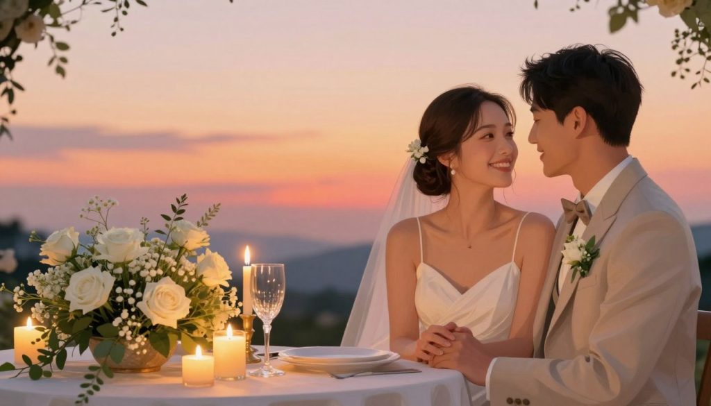 A beautifully arranged wedding scene capturing the essence of love and celebration. In the foreground, a heartwarming moment between a couple in stylish, modest wedding attire, exchanging tender glances and smiles. Their hands are gently touching, symbolizing unity and affection. In the middle ground, a decorated wedding table adorned with elegant floral arrangements of white roses, delicate baby’s breath, and soft greenery, alongside flickering candles casting a warm, inviting light. The background features a softly glowing sunset, blending shades of orange and pink, enhancing the romantic atmosphere. The overall mood is joyful and enchanting, evoking feelings of love and warmth, ideal for a touching wedding message illustration.