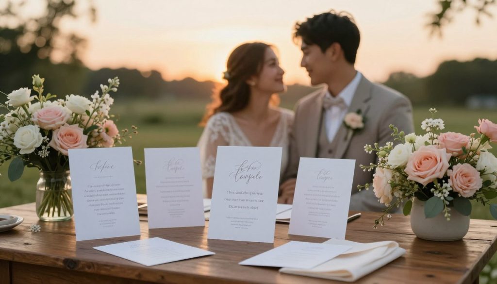 A beautifully arranged wedding scene in a serene outdoor setting, featuring a softly glowing sunset in the background. In the foreground, elegantly detailed invitations with heartfelt wedding quotes are artistically displayed on a rustic wooden table surrounded by delicate floral arrangements in pastel colors. Soft, natural lighting illuminates the scene, enhancing the romantic atmosphere. In the middle ground, a couple in modest, elegant wedding attire smiles lovingly at each other, capturing a moment of joy and celebration. The overall mood is warm and inspiring, evoking feelings of love and commitment, perfect for representing the essence of meaningful wedding messages. The angle focuses on both the couple and the beautifully set table, creating an intimate and inviting composition.