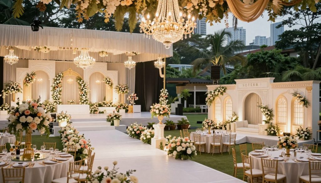 A beautifully arranged wedding venue comparison scene featuring Sutera Hall and two other wedding venues in Tangerang. In the foreground, showcase elegant wedding decorations like floral arrangements and themed table setups. The middle ground should depict the Sutera Hall, showcasing its grand chandeliers and spacious layout, contrasted by the other two venues, which display unique styles – one with a modern aesthetic and the other with a classic design. The background should be a lush garden or cityscape setting, enhancing the ambiance. Use soft, warm lighting to create an inviting and romantic atmosphere, captured at a slight angle as if viewed from a guest's perspective. The overall mood should be celebratory yet sophisticated, reflecting a professional wedding environment.