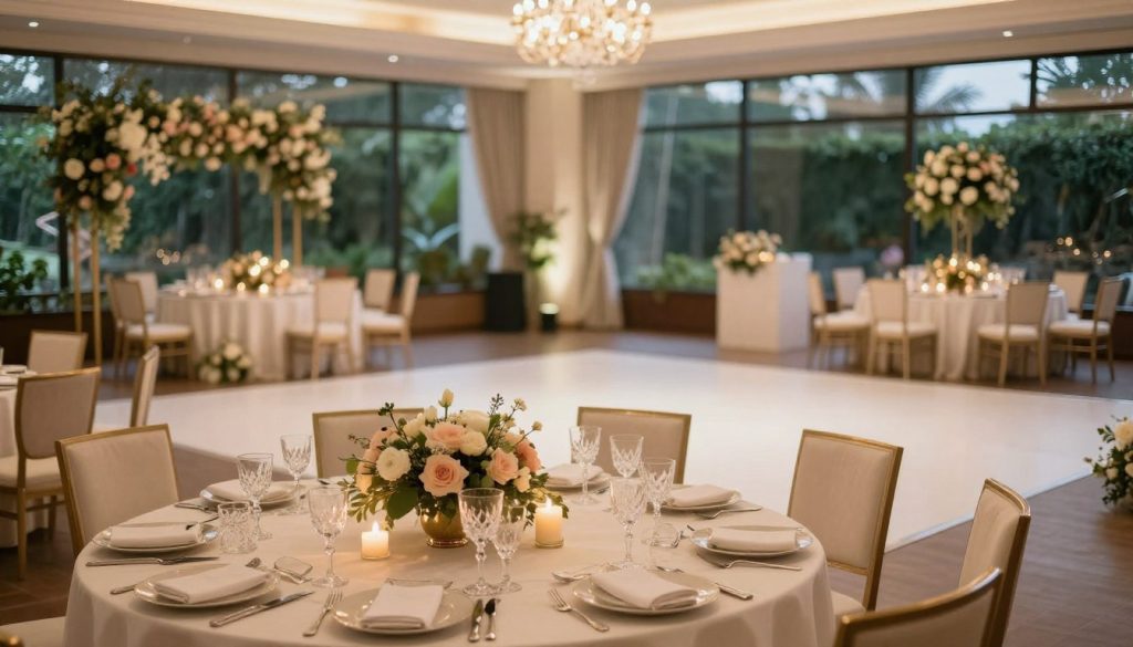 A beautifully arranged wedding venue in Tangerang, featuring a function hall adorned with elegant floral decorations and tasteful lighting. In the foreground, a round table set for a wedding ceremony is showcased, complete with fine china, crystal glassware, and tasteful centerpieces like candles and fresh flowers. In the middle ground, a spacious dance floor is elegantly illuminated, with soft ambient lighting creating a warm and inviting atmosphere. The background shows large windows providing a glimpse of lush greenery outside, enhancing the romantic feel. The setting is lively yet serene, ideally designed for a memorable wedding celebration. Use a soft focus lens to emphasize elegance, with warm, diffused lighting that conveys intimacy and joy.