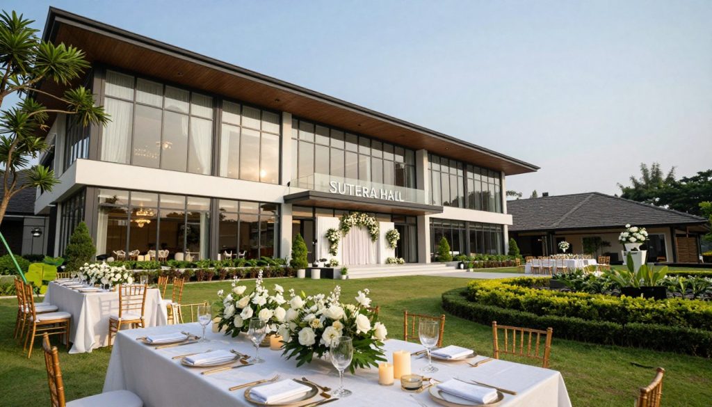 A beautifully arranged wedding venue in Tangerang, focusing on Sutera Hall as a standout option. In the foreground, showcase a well-decorated wedding table with elegant floral arrangements, candles, and place settings. The middle ground captures the grand, contemporary architecture of Sutera Hall with its expansive glass windows and modern design elements, surrounded by lush greenery and manicured gardens. The background features a clear blue sky, enhancing the inviting atmosphere. Soft, natural lighting bathes the scene, creating a warm and welcoming mood. Capture the scene from a slightly elevated angle to emphasize the layout and details, ensuring a balanced and harmonious composition that reflects the joy and celebration of weddings.
