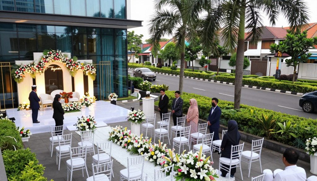 A beautifully arranged wedding venue set in a strategically located urban area of South Tangerang. In the foreground, elegant white chairs with floral decorations face a picturesque altar adorned with fresh flowers. In the middle, a modern architectural building showcasing large glass windows that reflect the surrounding greenery. Guests in professional attire mill about, adding life to the scene. The background features a well-planned road network with lush palm trees and neatly trimmed hedges, indicating easy access to the venue. Soft, natural lighting enhances the serene atmosphere, casting a warm glow on the vibrant colors of the decor. Capture this inviting and accessible location, ideal for wedding celebrations, in a wide-angle view with a slightly elevated perspective. A beautifully arranged wedding venue set in a strategically located urban area of South Tangerang. In the foreground, elegant white chairs with floral decorations face a picturesque altar adorned with fresh flowers. In the middle, a modern architectural building showcasing large glass windows that reflect the surrounding greenery. Guests in professional attire mill about, adding life to the scene. The background features a well-planned road network with lush palm trees and neatly trimmed hedges, indicating easy access to the venue. Soft, natural lighting enhances the serene atmosphere, casting a warm glow on the vibrant colors of the decor. Capture this inviting and accessible location, ideal for wedding celebrations, in a wide-angle view with a slightly elevated perspective.