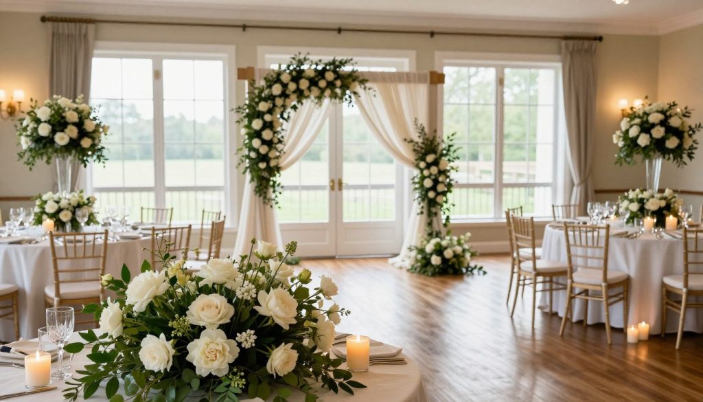 A beautifully arranged wedding venue set in an elegant banquet hall. In the foreground, a stunning floral centerpiece with white roses, peonies, and lush greenery adorns each table, accompanied by soft, flickering candles. The middle ground features an exquisite arch decorated with draped fabrics and matching florals, creating an enchanting focal point for the ceremony. In the background, light pours in through large windows, casting a warm glow over the polished wooden floors. The atmosphere is romantic and inviting, suggesting a joyful celebration. The overall lighting is soft and diffused, enhancing the colors of the decor. Capture this scene in a wide-angle view to convey the grandeur and elegance of a wedding setting, highlighted by natural light. A beautifully arranged wedding venue set in an elegant banquet hall. In the foreground, a stunning floral centerpiece with white roses, peonies, and lush greenery adorns each table, accompanied by soft, flickering candles. The middle ground features an exquisite arch decorated with draped fabrics and matching florals, creating an enchanting focal point for the ceremony. In the background, light pours in through large windows, casting a warm glow over the polished wooden floors. The atmosphere is romantic and inviting, suggesting a joyful celebration. The overall lighting is soft and diffused, enhancing the colors of the decor. Capture this scene in a wide-angle view to convey the grandeur and elegance of a wedding setting, highlighted by natural light.