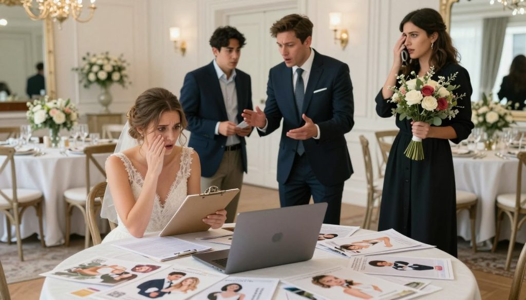 A beautifully chaotic wedding planning scene depicting common mistakes to avoid, set in a stylish indoor venue. In the foreground, a frazzled bride in a chic, modest wedding dress with a clipboard looking overwhelmed, surrounded by scattered wedding brochures and an open laptop. In the middle, a groom in a professional suit, frantically discussing details with a wedding planner, who appears stressed as she holds a bouquet of mismatched flowers. In the background, a bright, elegant room adorned with decorative elements that clash, such as mismatched table settings and floral arrangements. Soft, diffused lighting creates a warm yet tense atmosphere, captured from a slightly elevated angle to enhance the sense of disorder and urgency.