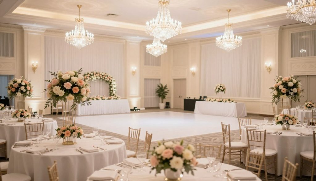 A beautifully crafted interior scene of Sutera Hall, a wedding venue in Tangerang. The foreground features elegant round tables draped in white linens, adorned with delicate floral centerpieces in soft pastels. In the middle ground, a spacious dance floor is highlighted by glimmering chandeliers above, casting a warm, inviting glow over the space. The background showcases tall, tastefully decorated walls with soft lighting that enhances the romantic atmosphere. The overall ambiance is luxurious yet comfortable, suitable for a wedding celebration. The room is empty, emphasizing the elegance and potential for a beautiful event, shot from a wide-angle perspective to capture the grandeur of the hall. Use soft focus to create a dreamy effect, evoking feelings of joy and celebration.