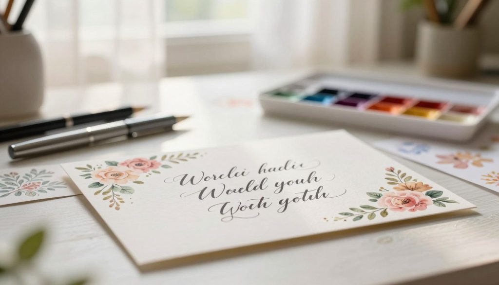 A beautifully crafted wedding greeting card lies in the foreground, adorned with intricate floral designs and elegant calligraphy, capturing the essence of creativity in wedding wishes. In the middle ground, a softly lit workspace is visible, featuring artistic tools such as pens, watercolor paints, and decorative papers, hinting at the personalization process behind each message. The background portrays a serene, ethereal setting, possibly a garden or cozy room, with gentle sunlight filtering through sheer curtains, creating a warm, inviting atmosphere. The overall mood is joyful and inspiring, evoking a sense of celebration and heartfelt creativity. The image is captured with soft focus, simulating a shallow depth of field to emphasize the greeting card while softly blurring the workspace and background.