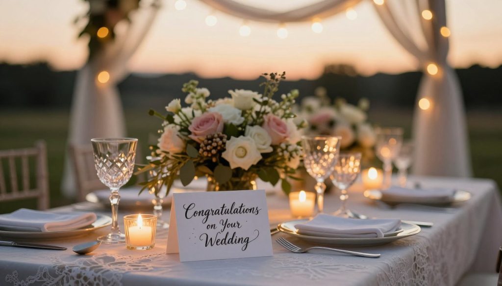 A beautifully decorated wedding scene featuring an elegant table adorned with a bouquet of fresh flowers, surrounded by candles and delicate lace tablecloths. In the foreground, a handwritten card with "Congratulations on Your Wedding" in an artistic calligraphy style rests on the table. The middle of the scene includes a warm glow from candlelight reflecting off crystal glassware and silver dishware, creating a romantic atmosphere. The background showcases softly blurred fairy lights hanging from an arch draped in fabric, enhancing the celebratory mood. The overall lighting is soft and warm, mimicking the golden hour just before sunset, captured with a shallow depth of field to focus on the table details while the background remains gently out of focus. A beautifully decorated wedding scene featuring an elegant table adorned with a bouquet of fresh flowers, surrounded by candles and delicate lace tablecloths. In the foreground, a handwritten card with "Congratulations on Your Wedding" in an artistic calligraphy style rests on the table. The middle of the scene includes a warm glow from candlelight reflecting off crystal glassware and silver dishware, creating a romantic atmosphere. The background showcases softly blurred fairy lights hanging from an arch draped in fabric, enhancing the celebratory mood. The overall lighting is soft and warm, mimicking the golden hour just before sunset, captured with a shallow depth of field to focus on the table details while the background remains gently out of focus.