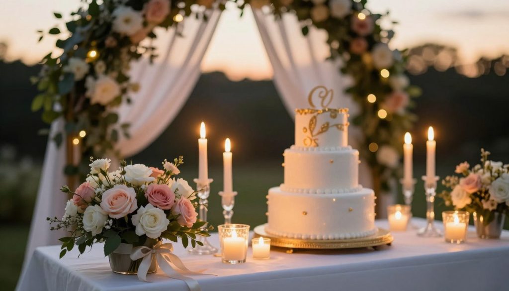 A beautifully decorated wedding scene inspiring heartfelt congratulations. In the foreground, a small arrangement of pastel flowers, elegantly wrapped with delicate ribbons, symbolizes love and celebration. The middle ground features a table set with a lavish white and gold cake, surrounded by flickering candles in crystal holders, casting a warm, inviting glow. In the background, a softly draped archway adorned with lush greenery and fairy lights creates a romantic atmosphere. The lighting is soft and warm, reminiscent of a golden hour sunset, enhancing the joyous mood. A gentle bokeh effect blurs the background slightly, focusing attention on the foreground elements, creating an uplifting ambiance perfect for a wedding celebration. A beautifully decorated wedding scene inspiring heartfelt congratulations. In the foreground, a small arrangement of pastel flowers, elegantly wrapped with delicate ribbons, symbolizes love and celebration. The middle ground features a table set with a lavish white and gold cake, surrounded by flickering candles in crystal holders, casting a warm, inviting glow. In the background, a softly draped archway adorned with lush greenery and fairy lights creates a romantic atmosphere. The lighting is soft and warm, reminiscent of a golden hour sunset, enhancing the joyous mood. A gentle bokeh effect blurs the background slightly, focusing attention on the foreground elements, creating an uplifting ambiance perfect for a wedding celebration.