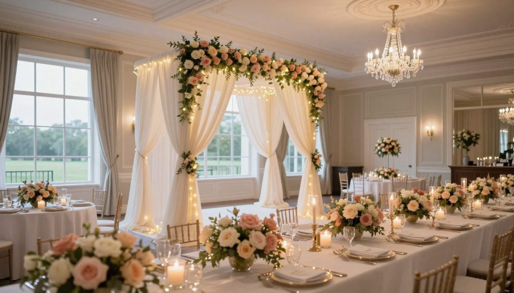 A beautifully decorated wedding venue named Sutera Hall, featuring an elegant layout with a blend of soft white and pastel colors. In the foreground, a lavish table set for a wedding reception is adorned with exquisite floral arrangements of roses and peonies, flickering candlelight, and fine china. The middle ground showcases an intricately designed archway draped with silk fabric and fairy lights, creating a romantic focal point for vows. In the background, large windows allow warm, natural light to flood the space, highlighting the high ceilings and luxurious chandeliers. The atmosphere is serene and inviting, perfect for a dream wedding. Capture the image at a slight angle to emphasize the depth of the venue while maintaining a sense of elegance and sophistication.