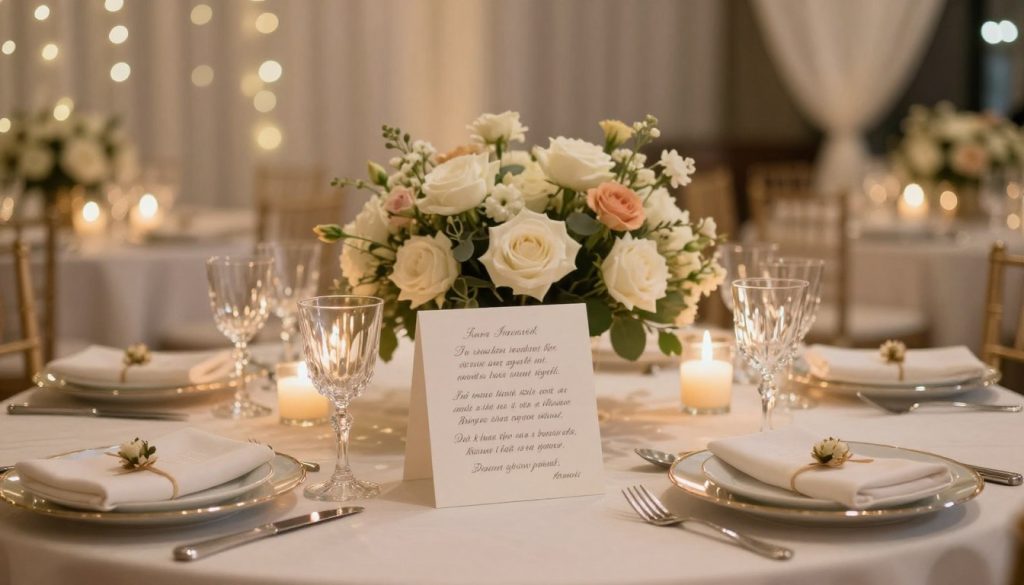 A beautifully designed table setting for a wedding celebration, adorned with elegant floral arrangements featuring white roses and soft pastel blooms. In the foreground, a decorative cardholder stands prominently, displaying hand-written messages of blessings and hopes for the newlyweds. The middle ground includes elegantly arranged plates, crystal glassware, and delicate napkins, all set against a backdrop of softly lit candles casting a warm, inviting glow. The background features a softly blurred wedding venue, with twinkling fairy lights and draped fabric, creating a romantic atmosphere. The lighting is warm and intimate, reminiscent of a joyful celebration, and the scene should evoke feelings of love, happiness, and well-wishing.
