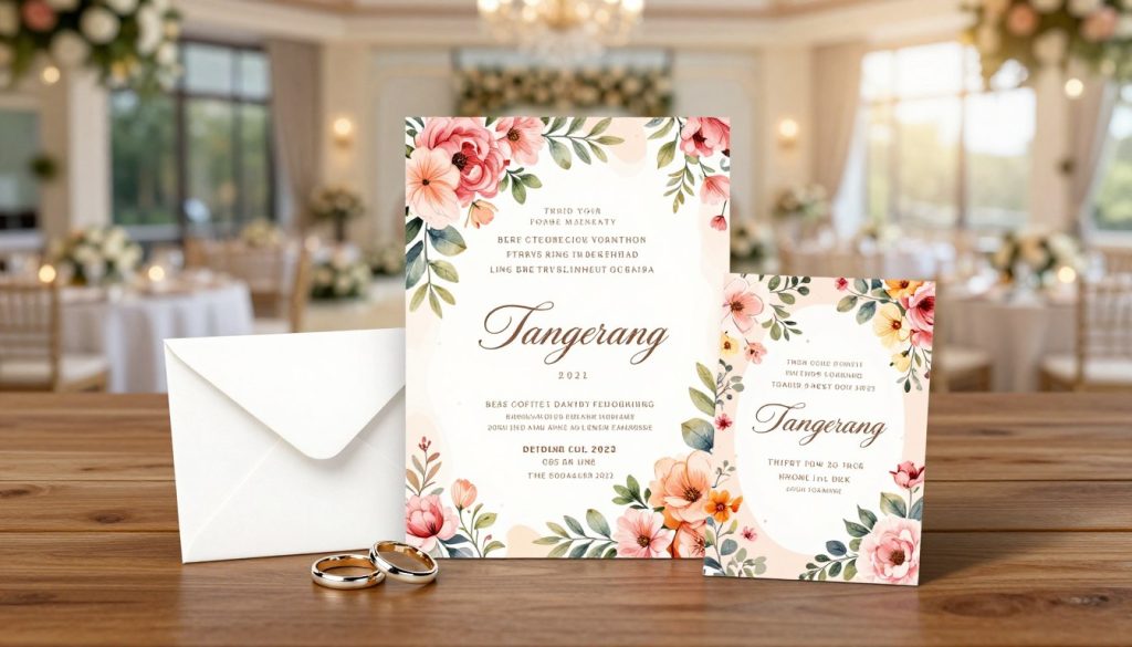 A beautifully designed wedding invitation suite elegantly arranged on a polished wooden table, showcasing intricate floral patterns and sophisticated typography. The background features a softly blurred image of an upscale wedding venue in Tangerang, adorned with elegant decorations and ambient lighting. Gentle sunlight filters through the venue's large windows, creating a warm and inviting atmosphere. Vibrant colors of the floral elements pop against a delicate pastel-colored backdrop. In the foreground, a pair of elegant rings sits next to the invitation, symbolizing love and commitment. The overall mood is romantic and festive, perfect for a special event.