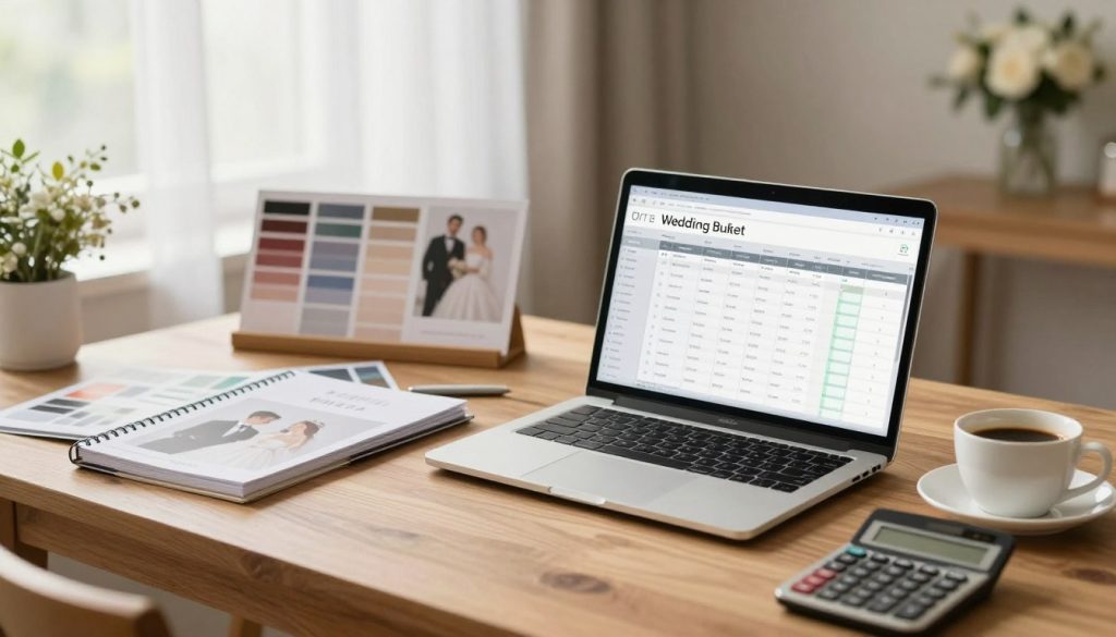 A beautifully organized wedding budget planning scene, showcasing a stylish workspace. In the foreground, a neatly arranged wooden table displays a laptop open to a wedding budget spreadsheet, alongside elegant stationery like planners and wedding catalogs. A calculator and a cup of coffee complete the scene. In the middle ground, blurred wedding decoration samples such as color swatches and floral arrangements hint at future possibilities. The background features a softly lit window with sheer curtains, allowing warm natural light to fill the room, creating an inviting and inspirational atmosphere. An air of professionalism and enthusiasm permeates the space, reflecting the excitement of planning a dream wedding.