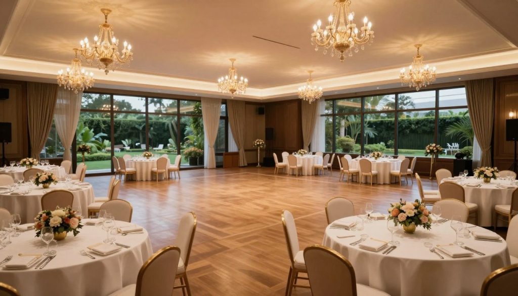 A luxurious ballroom in Tangerang, showcasing ornate chandeliers casting a warm, inviting glow across the polished wooden floor. In the foreground, elegantly set round tables adorned with fine white tablecloths and tasteful floral centerpieces create an air of sophistication. In the middle, a spacious dance floor, empty but ready for lively celebrations, is highlighted by ambient lighting that enhances the grandeur of the venue. The background features large windows revealing a lush garden, providing a serene contrast to the lavish interior. The scene captures a professional yet inviting atmosphere, perfect for upscale events. The image is taken with a wide-angle lens, emphasizing the expansive layout and depth of the space, with soft-focus lighting to add a touch of warmth and elegance.